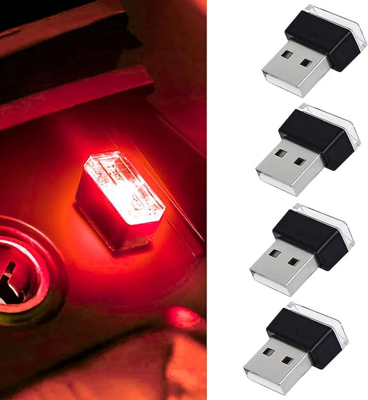 4 PCS USB LED Car Interior Atmosphere Lamp, Portable Mini Auto LED Decor Night Light, Plug-in USB Interface Ambient Lighting Kit, Universal Car Interior Accessories(Red)