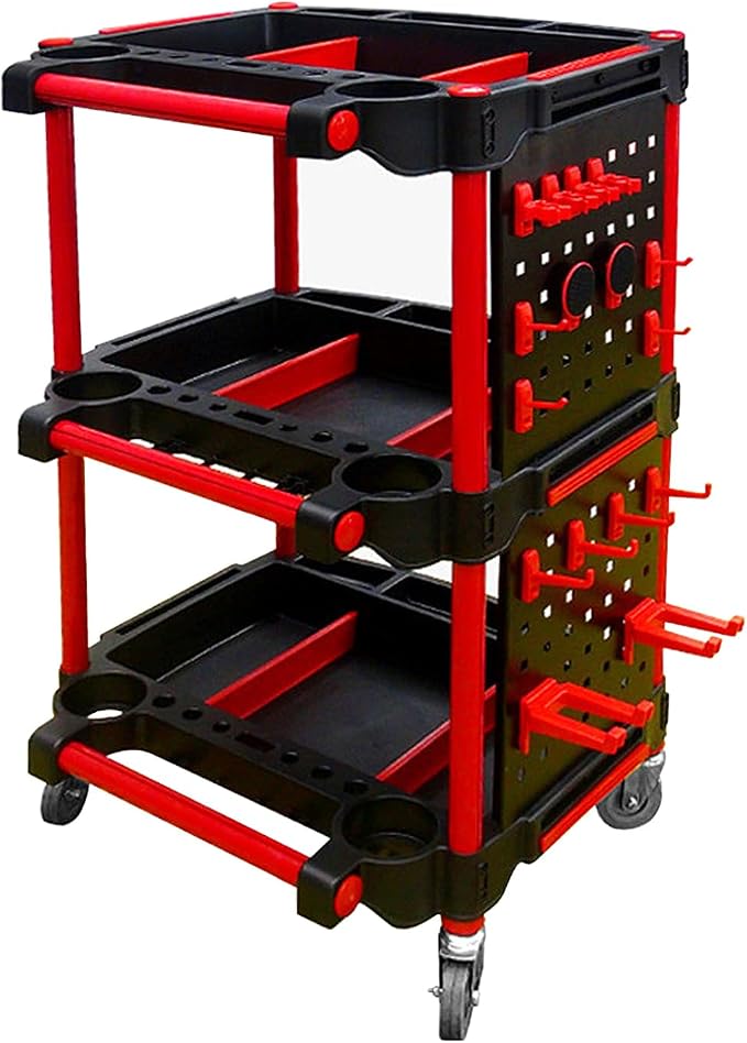 Car Detailing Cart with Wheels – 3-Tier Heavy-Duty Mobile Utility Organizer for Car Wash & Auto Repairs – Adjustable Side Trays, Tool Hooks – Workshop Storage for Mechanics & Detailers