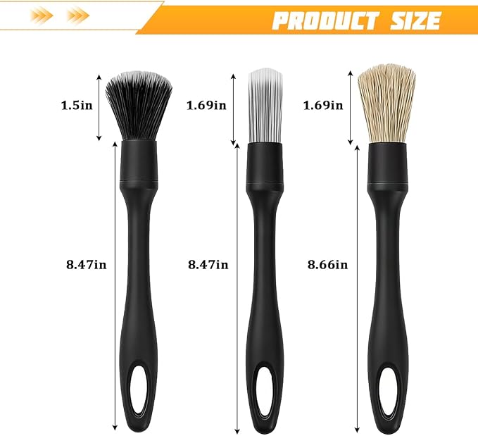 3PCS Car Detailing Brush Kit, Includes Ultra Soft No Scratch Boars Detailing Duster Brush Set for Exterior Interior, Multi-Use Auto Interior Dusting Cleaning Kit, Universal Fit