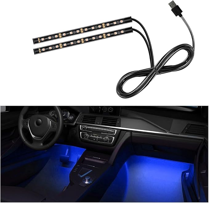 Car LED Strip Light, 24 LEDs RGB Neon Interior Atmosphere Lights, 12V Under Dash Ambient Night Light, USB Port Auto Interior Decorative Lamp, Universal Car Accessories (Blue)