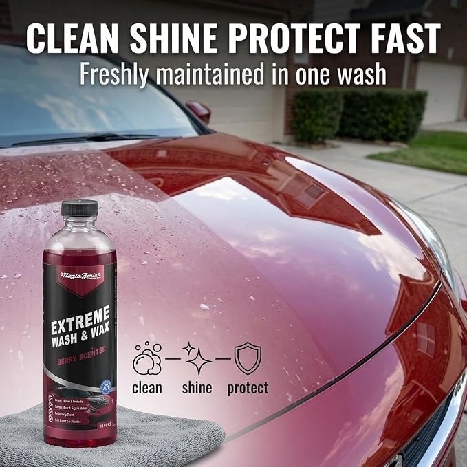 Magic Finish Extreme Berry Car Wash Soap & Wax – Multi-Surface Protective Formula for High-Gloss Shine – Hydrophobic 3-in-1 Formula for Streak-Free Cleaning – 16oz Concentrated Car Soap Wash and Wax