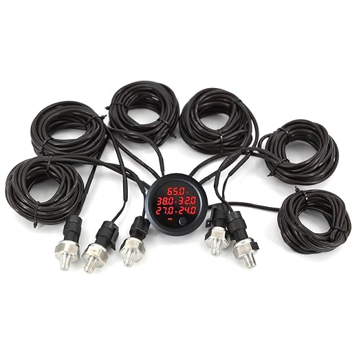 New Upgrade 12V/24V Five Pressure Air Pressure Gauge 2Inch(52mm) 0-232PSI with 5Pcs 1/8NPT Sensors and 16.5ft (5M) Sensor Cable LED Red