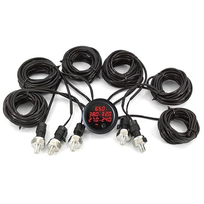 New Upgrade 12V/24V Five Pressure Air Pressure Gauge 2Inch(52mm) 0-232PSI with 5Pcs 1/8NPT Sensors and 16.5ft (5M) Sensor Cable LED Red