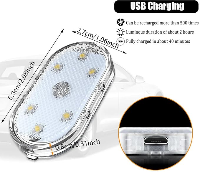 2PCS Wireless Car Interior LED Lights USB Rechargeable Car LED Touch Light with 6 Super Bright LED Lamp Beads Car Interior Ambient Light Universal Vehicle Accessories for Car Decor