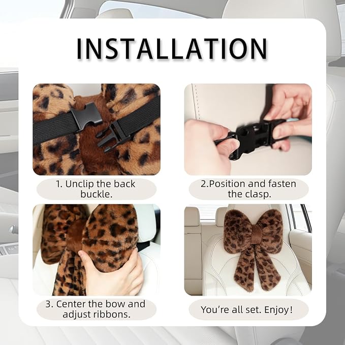 Sexysamba 2 Pcs Plush Bow Car Headrest Neck Pillow Cute Bow Pillow for Car Seat Décor Soft Neck Support for Comfortable Driving Traveling Office Fluffy Head Rest Cushion, Leopard Print