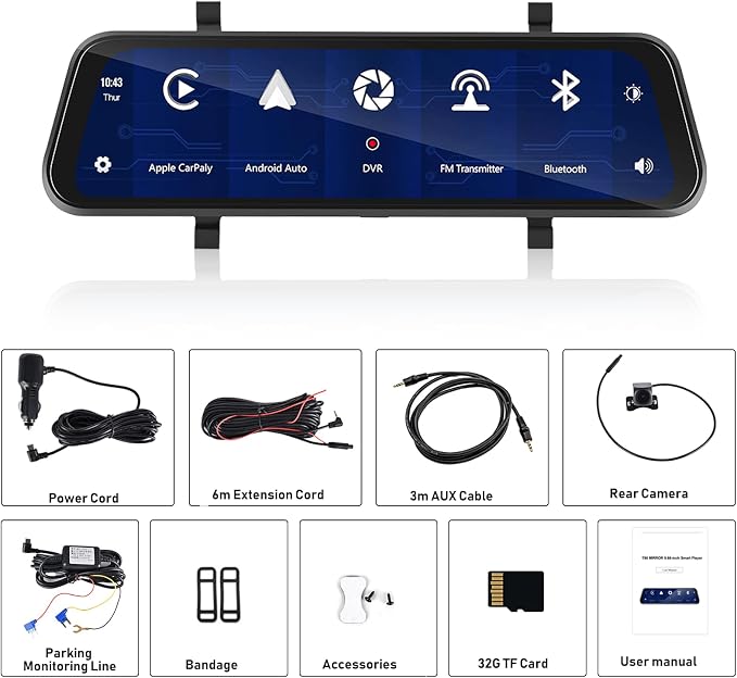Mirror Dash Cam Front and Rear Camera with Apple Carplay/Android Auto 9.66 inch Mirror Backup Camera for Cars&Trucks Driving Recorder Voice Control 24-Hour Parking Monitoring Waterproof Night Vision