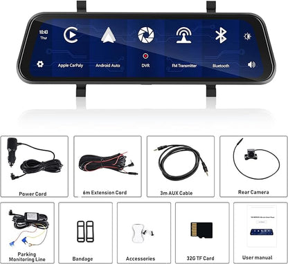 Mirror Dash Cam Front and Rear Camera with Apple Carplay/Android Auto 9.66 inch Mirror Backup Camera for Cars&Trucks Driving Recorder Voice Control 24-Hour Parking Monitoring Waterproof Night Vision