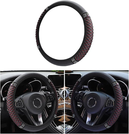 Osilly Bling Car Steering Wheel Cover, 15 Inch Rhinestones Soft Leather Elastic Steering Wheel Protector, Sparkly Crystal Diamond for Women Girls (Black/Red)