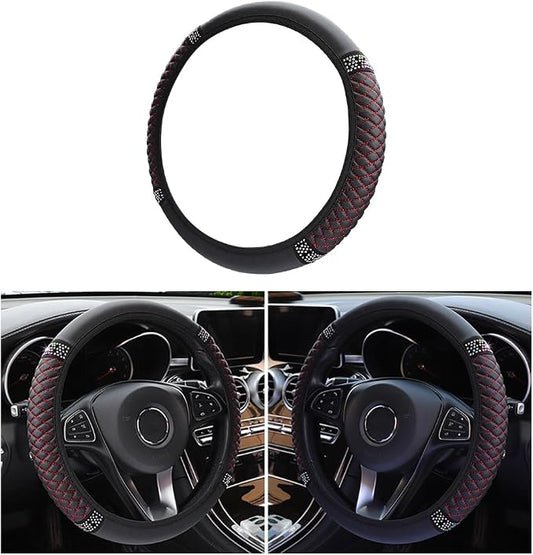 Osilly Bling Car Steering Wheel Cover, 15 Inch Rhinestones Soft Leather Elastic Steering Wheel Protector, Sparkly Crystal Diamond for Women Girls (Black/Red)