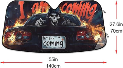 Cool Skeleton Skull Driving Windshield Sunshade Car Sun Shade Front Window Shade for Truck SUV Blocks UV Rays Sun Reflector Visor Protector Accordion Folding
