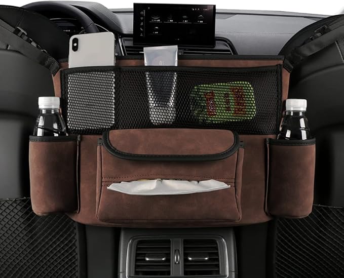 JEYODA Car Handbag Holder Between Seats Suede Large Capacity Car Purse Holder Automotive Consoles & Organizers for Document Phone Storage Car Organizer (1925-style 2 brown)