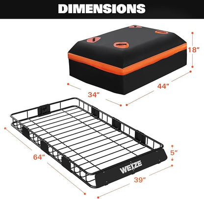 WEIZE Heavy Duty 64"x 39" Roof Rack, Rooftop Cargo Carrier Basket with Waterproof Bag, Tie Down Strap & Net, Car Top Luggage Holder for SUV, 150lb Capacity, Steel Construction