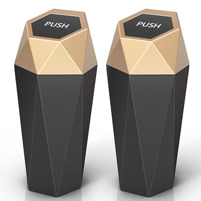 Car Cup Holder Trash Can, Car Trash Can with Lid, Mini Portable Trash Bin for Cars, Small Automatic Garbage Bin, Leakproof Cup Holder Trash Bin for Auto,Home,Office, Car Accessories (2, Gold)