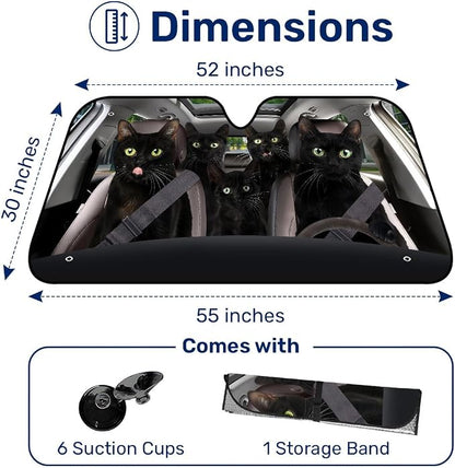 GENANY Black Cat Windshield Cover for Car SUV Truck (55x30 Inches), Foldable Heat Shield, Shades for Front Windows, Protector Blocks UV, Car Decor