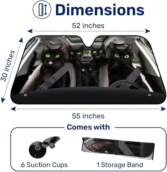 GENANY Black Cat Windshield Cover for Car SUV Truck (55x30 Inches), Foldable Heat Shield, Shades for Front Windows, Protector Blocks UV, Car Decor