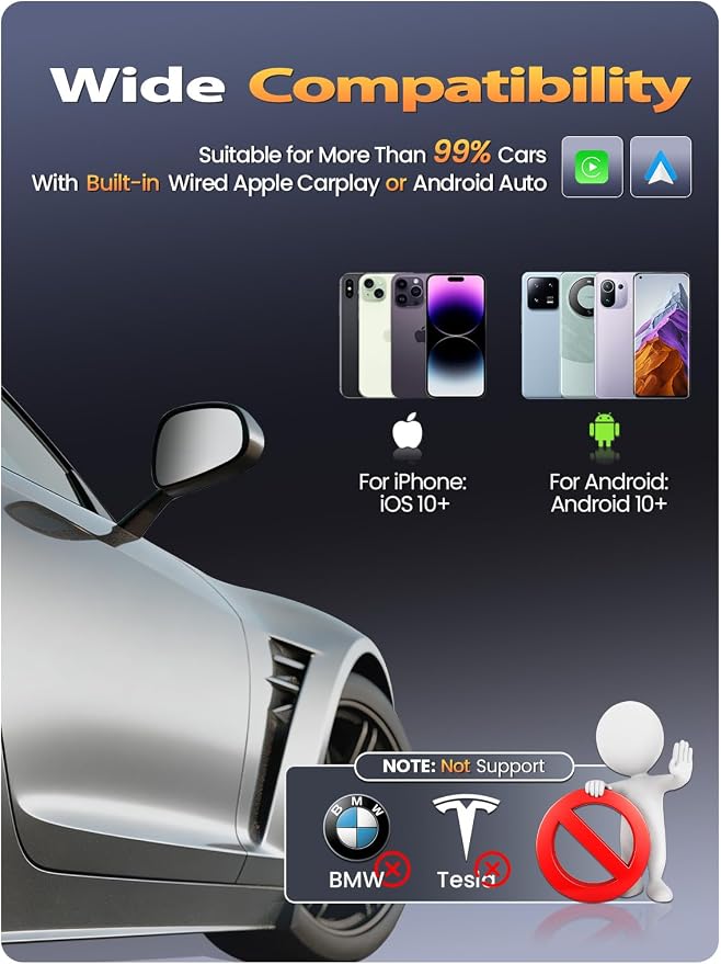 Wireless CarPlay & Android Auto Adapter, Convert Wired to Wireless, Fast Auto Connect and No Lag, Plug & Play USB with Gold-Plated Connector, Carbon Fiber Design, Compatible with iPhone & Android