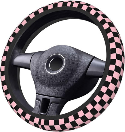 Pink and Black Checkered Steering Wheel Cover for Women, Universal Auto Steering Wheel 14-15 Inch Car Interior Accessories with 2PCS Car Coasters, Suitable for Men and Women