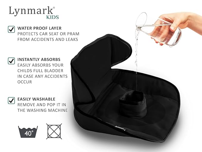 Lynmark® Potty Training Car Seat Protector Cover - Waterproof Soft Piddle Pads for Toddlers and Baby Carseat - Travel-Friendly Universal Washable Liner Mat for Spills, Nappy Leaks, Accidents - Black