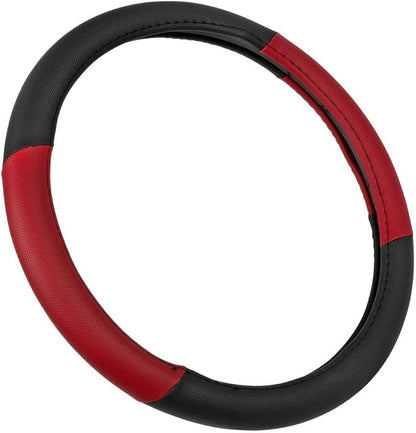 BDK Sporty Two Tone Ergonomic Grip Steering Wheel Cover - Plush Leather Grip for Standard Size Wheels 14.5-15 inch Red/Black