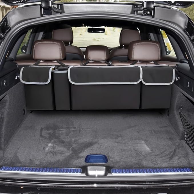 BELOMI Car Trunk Organizer, Auto Waterproof Sturdy Backseat Hanging Large Storage Collapsible Cargo Bag with Anti-Slip Adjustable Strip&4 Pockets, Vehicle Interior Accessories for Man Woman (Black)