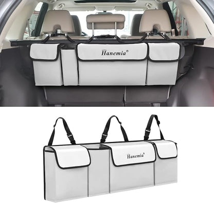 Car Trunk Organizer and Storage, Backseat Hanging Organizer for SUV, Truck, MPV, Waterproof, Collapsible Cargo Storage Bag with 4 Pockets, Car Accessories for Men and Women (Beige)