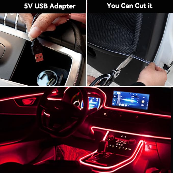 El Wire Red Neon Lights 16FT/5M Car Interior Led Strip Light USB 5V for Car Garden Party Decoration
