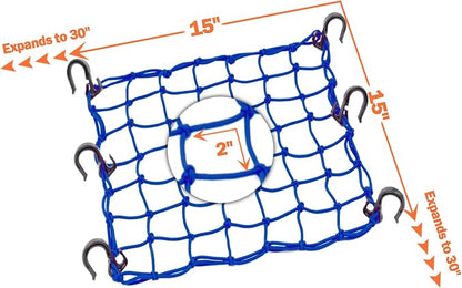 Cargo Net 15"x15" Stretches to 30"x30" with Thicken Hooks | Natural Latex Core, Tight 2”x2” Mesh Small Heavy Duty Bungee Net for Motorcycle Helmet, Bike, ATV, UTV, Luggage (Blue, 2 Pack)