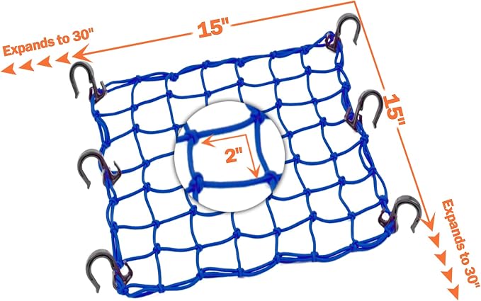 Cargo Net 15"x15" Stretches to 30"x30" with Thicken Hooks | Natural Latex Core, Tight 2”x2” Mesh Small Heavy Duty Bungee Net for Motorcycle Helmet, Bike, ATV, UTV, Luggage (Blue,1 Pack)