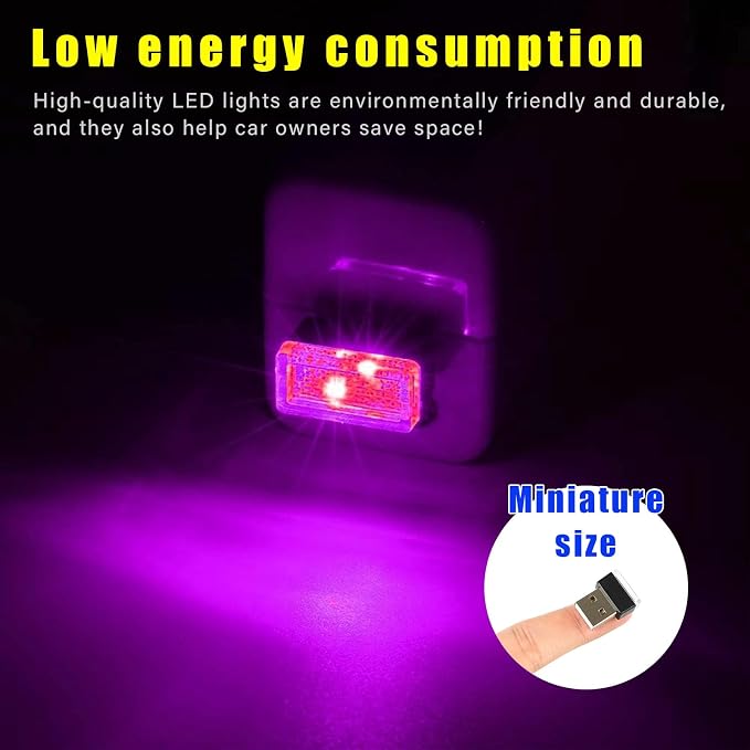 Augeny 4 PCS USB LED Car Interior Atmosphere Lamp, Plug-in USB Decor Night Light, Portable Auto Ambient Lighting Kit, Universal Vehicle Interior Accessories for Most Cars (White & Purple)
