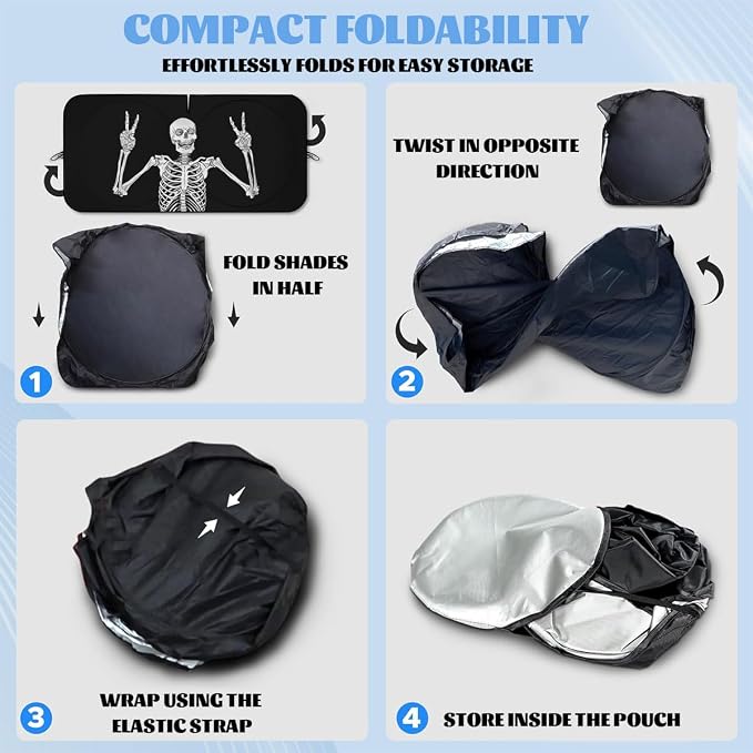 Funny Skull Car Windshield Sunshade Folding Human Skeleton Black Heatshield Front Window Car Sun Shade Windshield Rays Sun Shade Visor Protector for Car Sedan Truck SUV Accessories 59" L x 31.5" W