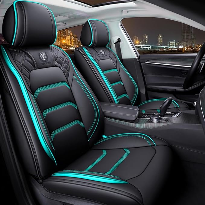 Comfortable Leather Auto Car Seat Covers 5 Seats Full Set Universal Fit (Black & Green)