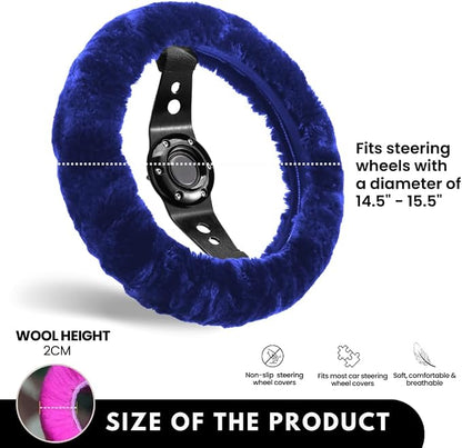 Andalus Brands Luxury Fluffy Car Steering Wheel Covers – Genuine Merino Sheepskin, Soft Fuzzy Car Steering Wheel Cover for Women, Universal 14.5-15" Size, Plush Fur Cute Auto Accessories, Navy
