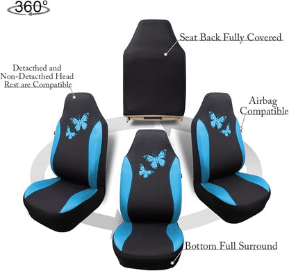 Flying Banner Butterfly car seat Covers ful Set Fashion Universal Lady Woman Female Rear Bench Split Colorized (2 Fronts, Mint Blue)