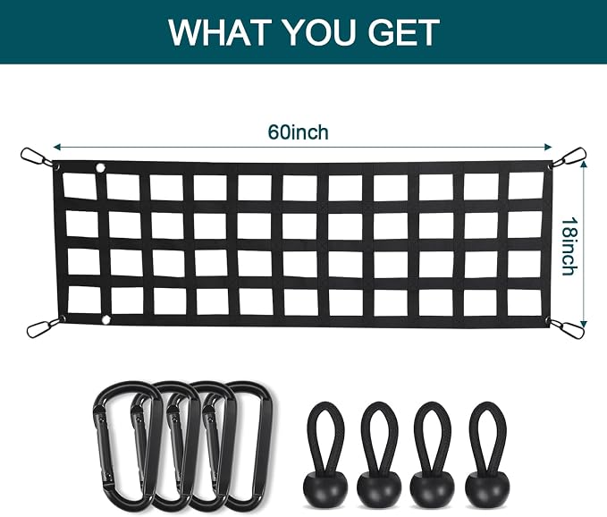 Tailgate Net for Pickup Truck Bed - Cargo Trucks Bed Netting for Full Size Truck 60'' x 18'' (Black) - Mesh Tail gate Competible with Chevy, Ford, Tacoma, Toyota, Ram