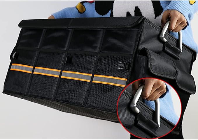 Tianle Car Trunk Organizer - Collapsible Trunk Organizer & Lid Foldable Cover Aluminium Alloy Handle Reflective Strip for Auto, SUV, Truck, Minivan (L Black)