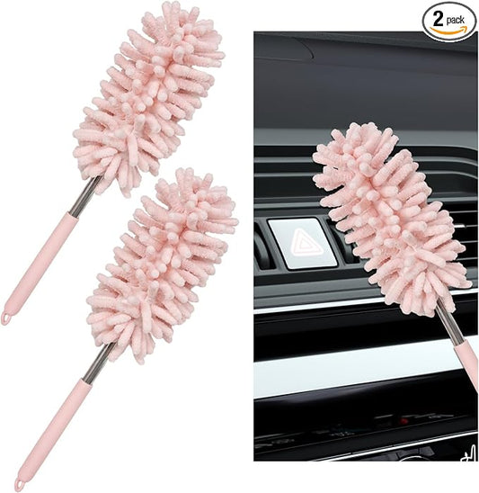 2PCS Car Interior Duster with Extension Pole, 11.8 to 30.5 Inch Retractable Dusters Washable Car Interior Cleaning Brush, Soft Scratch-Free Chenille Auto Dash Vent Window Duster (Light Pink)