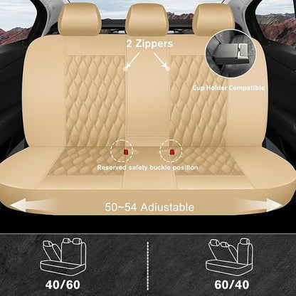 CAROMOP Faux Leather Car Seat Covers Full Set,Luxury and Comfortable Covers for Cars,Split Bench Compatible Car Interior Covers,Universal Fit for Suvs,Vans,Trucks,Airbag Compatible(5-Seat Beige)