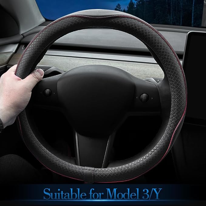 LKWLIKEI Nappa Leather Ultra-Thin Steering Wheel Cover, for Tesla Model 3/Y Steering Wheel Cover, Non-Slip Design and Interior Modification of car Accessories （Black and Red）