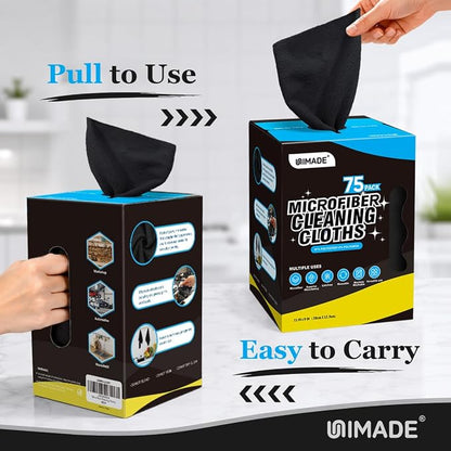 UNIMADE Microfiber Cleaning Cloth, 75 Sheets Microfiber Towels for Cars Commercial Grade Washcloths Lint-Free Bulk Shop Towel Cleaning Rags for Household Restaurant Garage Housekeeping, 11"x 9", Black