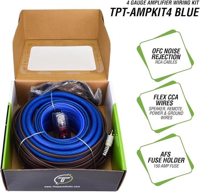 Timpano Amplifier Wiring Kit - 4 Gauge Amp Kit 2000 Watts Car Amplifier Installation CCA Cables Kit – 150 Amp Fuse Single Amp TPT-AMPKIT4 Blue