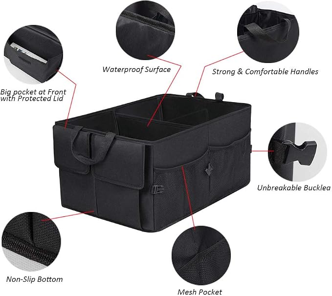 JiatuA Car Trunk Backseat Organizer for SUV, 8 Pocket Waterproof, Dust-proof, Sturdy Foldable Cargo Net Storage for More Trunk Space with Adjustable Straps, Black