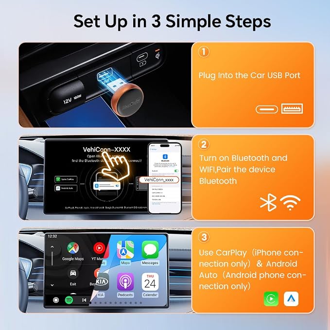 Carlinkit Mini Ultra 3 Wireless CarPlay Adapter, 2026 Upgrade Wireless Android Auto [Dual Band 5G/2.4G], Plug & Play for OEM Wired Cars, for iPhone iOS 10+ & Android 11+, Ultra Compact, Orange