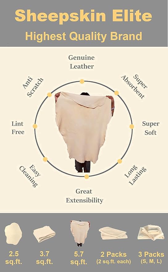 SHEEPSKIN ELITE Chamois Car Drying Towel XL Mega Size (5.7-6.2 sq ft) Chamois Cloth for Car Wash Towels Drying Real Leather Absorbent Fast Drying Natural Chamois Car Wash Cloth (5.7-6.2 sq ft)