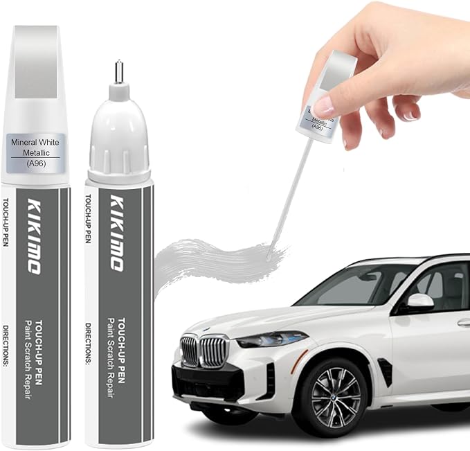 KIKIMO for BMW Touch Up Paint(Mineral White Metallic(A96)), Car Paint Repair Kit for BMW, 2 In 1 Scratches Repair with Pen Tip and Brush, Color-Matched for Quick & Easy Fix