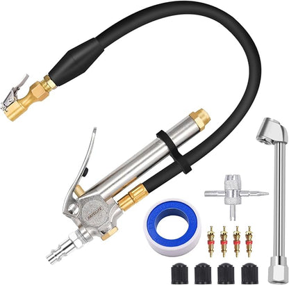 SAFELIFE Tire Inflator 10-120 PSI Tire Pressure Gauge with 18Inch Air Hose，Lock on Air Chuck, Heavy Duty 1/4'' NPT Tire Inflator Gauge Compatible with Air Pump Compressor for Car Truck Motorcycle Bike