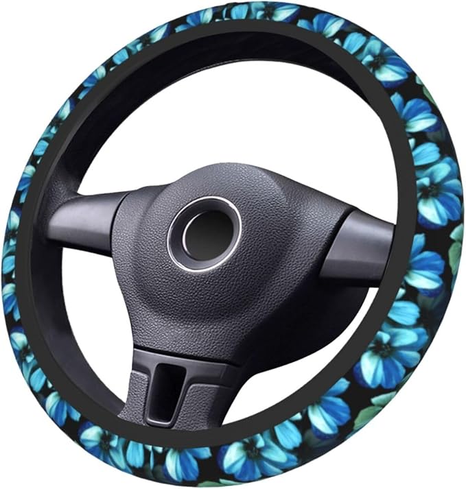 Blue Flower Steering Wheel Cover for Women Car Accessories Cute Girls Girly Universal 15 Inch Neoprene Auto Interior Decor Anti Slip Automotive Truck Protector