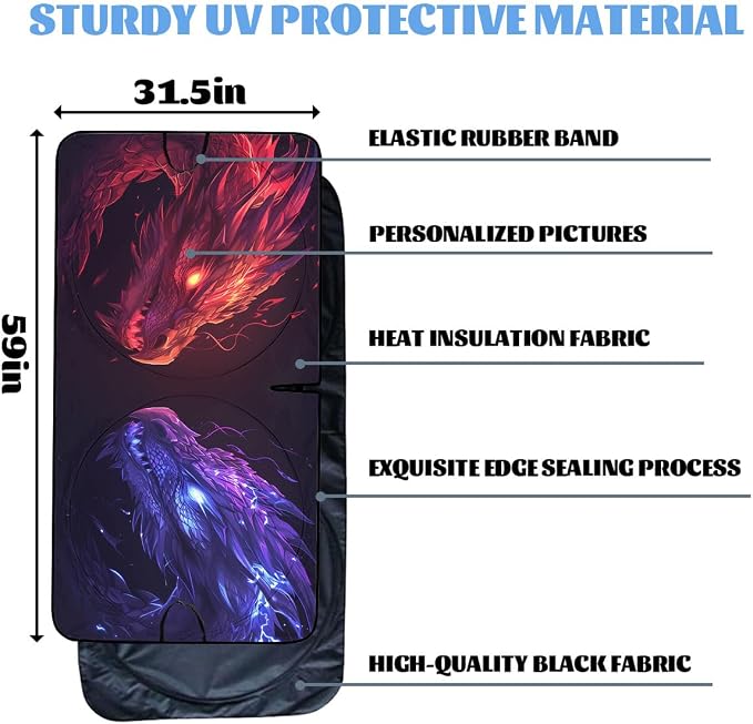 Blue Dragon Car Windshield Sun Shade Animal Red Dragon Heatshield Front Window Car Sun Shade Windshield Blocks UV Rays Sun Visor Protector for Car Sedan Truck SUV Accessories 59" L x 31.5" W