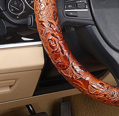 Leather Auto Car Steering Wheel Cover,Anti Slip Universal 15 Inch,Brown Crocodile with Rose Grain