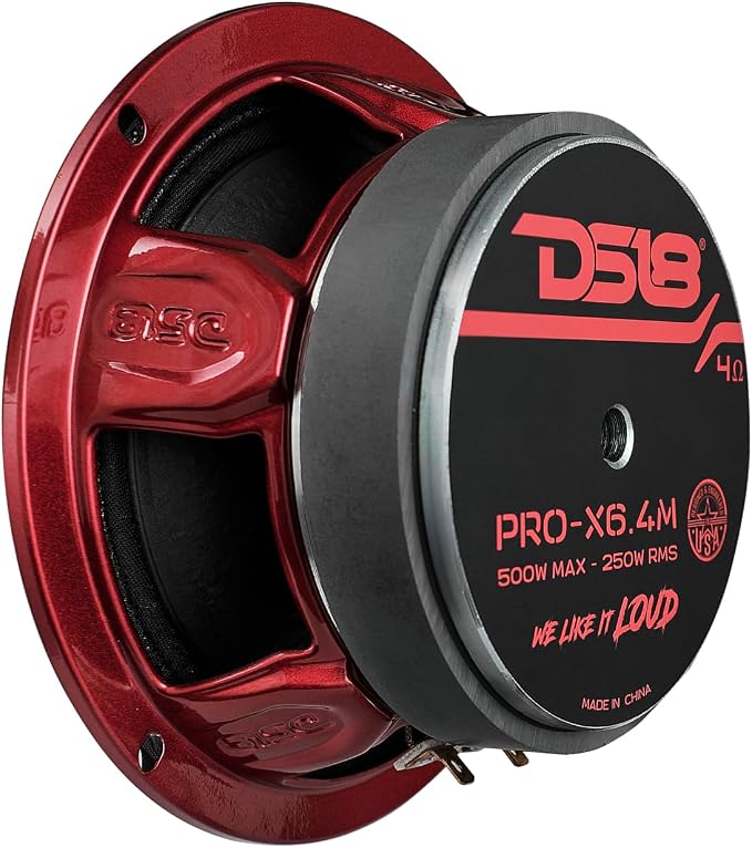 DS18 PRO-X6M Loudspeaker - 6.5", Midrange, Red Aluminum Bullet, 500W Max, 250W RMS, 4 Ohms - Premium Quality Audio Door Speakers for Car or Truck Stereo Sound System (1 Speaker)