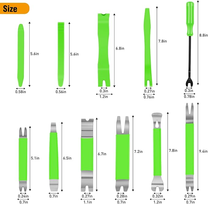 GOOACC 11 PCS Trim Removal Tool Kit, Metal Pry Tool Auto Fastener Remover Pry Bar Set Car Door Panel Removal Tool Dashboard Repair Kit Green